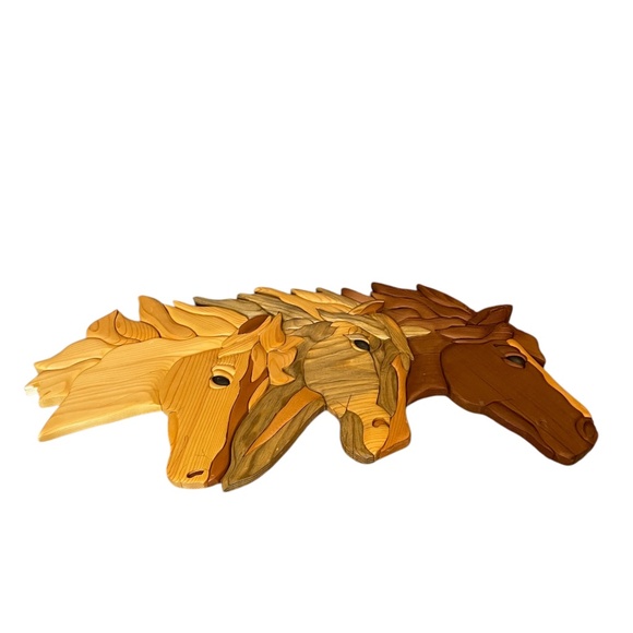 INTARSIA WOODCRAFTS WOODEN SCULPTED WALL ART 3 HORSE HEAD - Picture 2 of 9